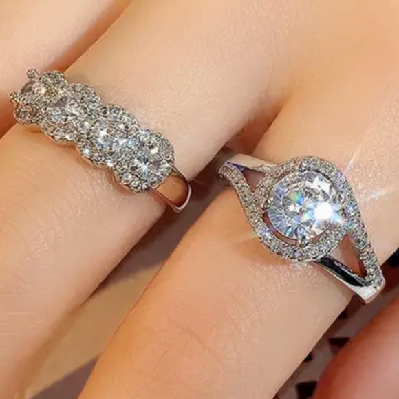 2pcs Set Fashion Silver Cubic Zirconia Luxury Wedding Promise Rings For Women - Picture 2 of 3